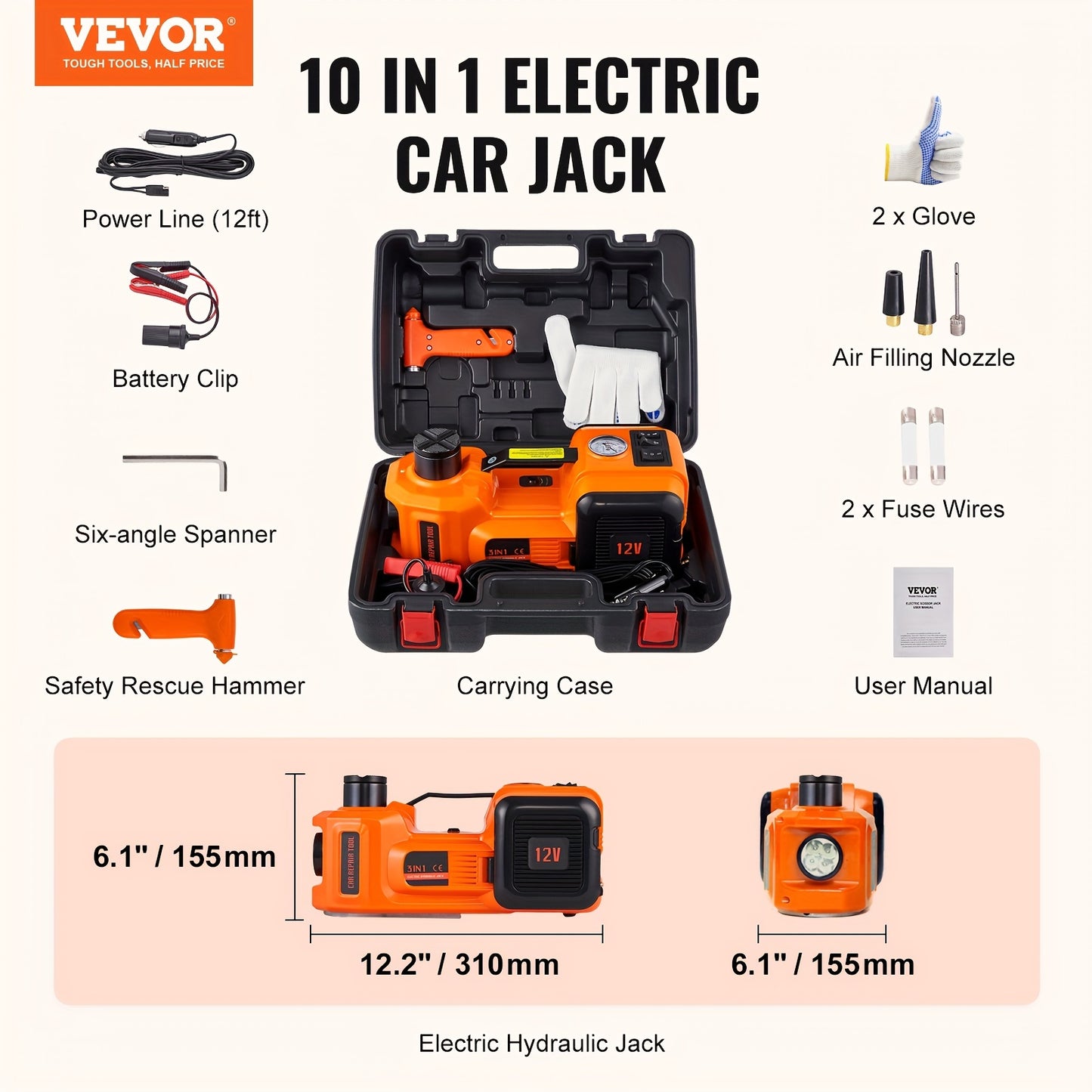 VEVOR Electric Car Jack, 5 Ton 12V Electric Hydraulic Car Floor Jack With Built-in Tire Inflator Pump For SUV Sedans RISE DEFENSE SYSTEMS.AI PRODUCTS