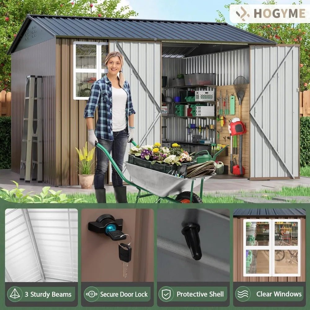 10x10 feet outdoor storage shed, updated frame structure and lockable doors, backyard garden terrace lawn garden shed, brown - RISE DEFENSE SYSTEMS.AI PRODUCTS