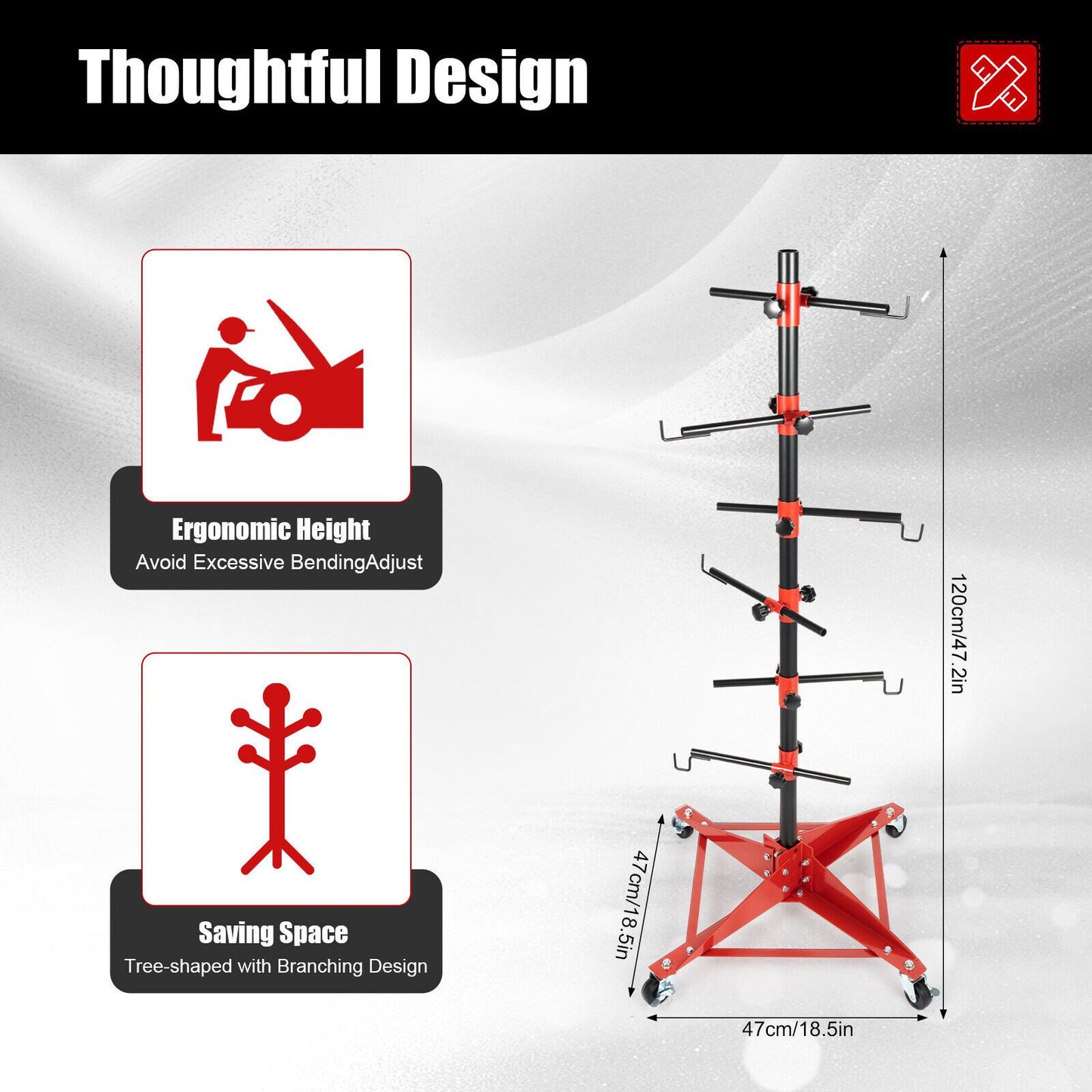 Adjustable Auto Body Door Hood Fender Panel Holder - Sturdy Iron Tree Post Stand, 220.5 lbs Capacity, with Red & Black Adjustable Knobs and Hooks for Precise Painting in Professional Workshops RISE DEFENSE SYSTEMS.AI PRODUCTS