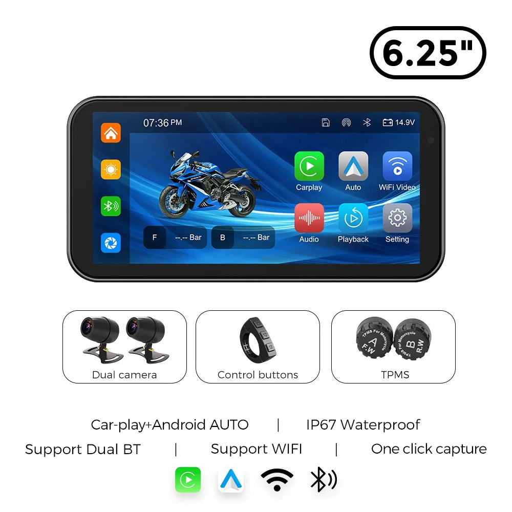 Portable 6.25 inch IP67 Waterproof Motorcycle GPS Navigation Wireless Carplay Android Auto DVR Drive Recorder Moto Monitor WIFI RISE DEFENSE SYSTEMS.AI PRODUCTS