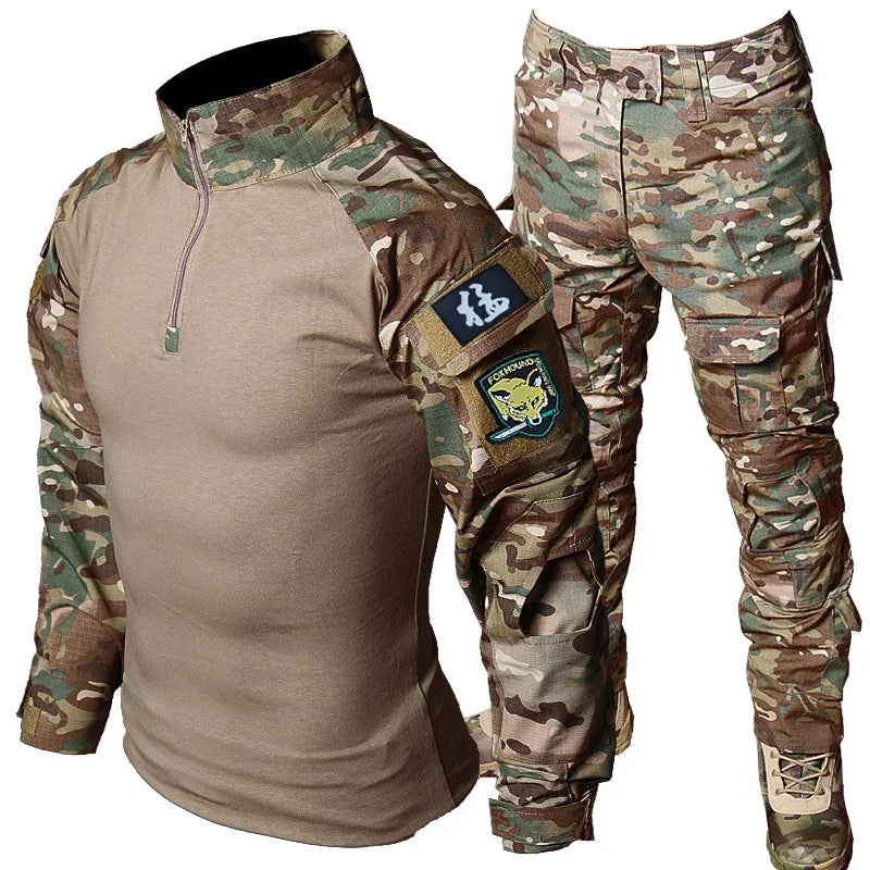 Combat Quick Drying Camo Set Mens Multi Pocket Tactical Tops+Wear-Resistant Cargo Pants Suit Field Shooting Training Uniform RISE DEFENSE SYSTEMS.AI PRODUCTS