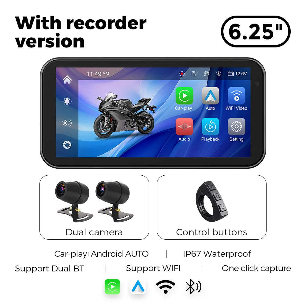 Portable 6.25 inch IP67 Waterproof Motorcycle GPS Navigation Wireless Carplay Android Auto DVR Drive Recorder Moto Monitor WIFI RISE DEFENSE SYSTEMS.AI PRODUCTS