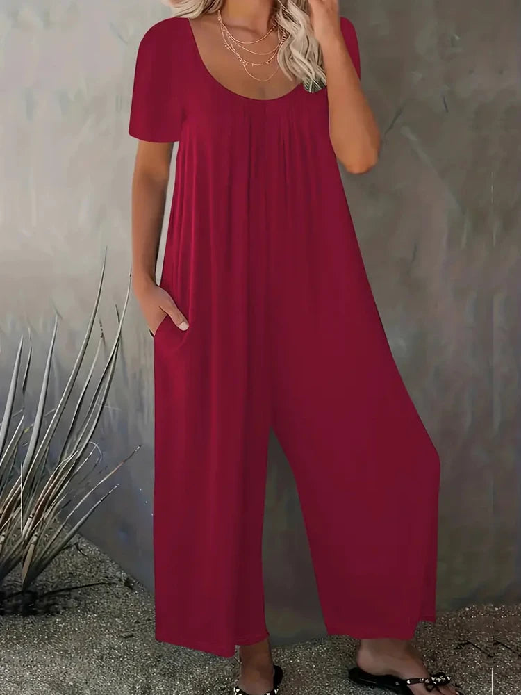 Summer Chic Solid Color Casual Jumpsuit Crew Neck Short Sleeve Wide Leg Long Pant with Pockets Versatile Outfit Women's Clothing RISE DEFENSE SYSTEMS.AI PRODUCTS