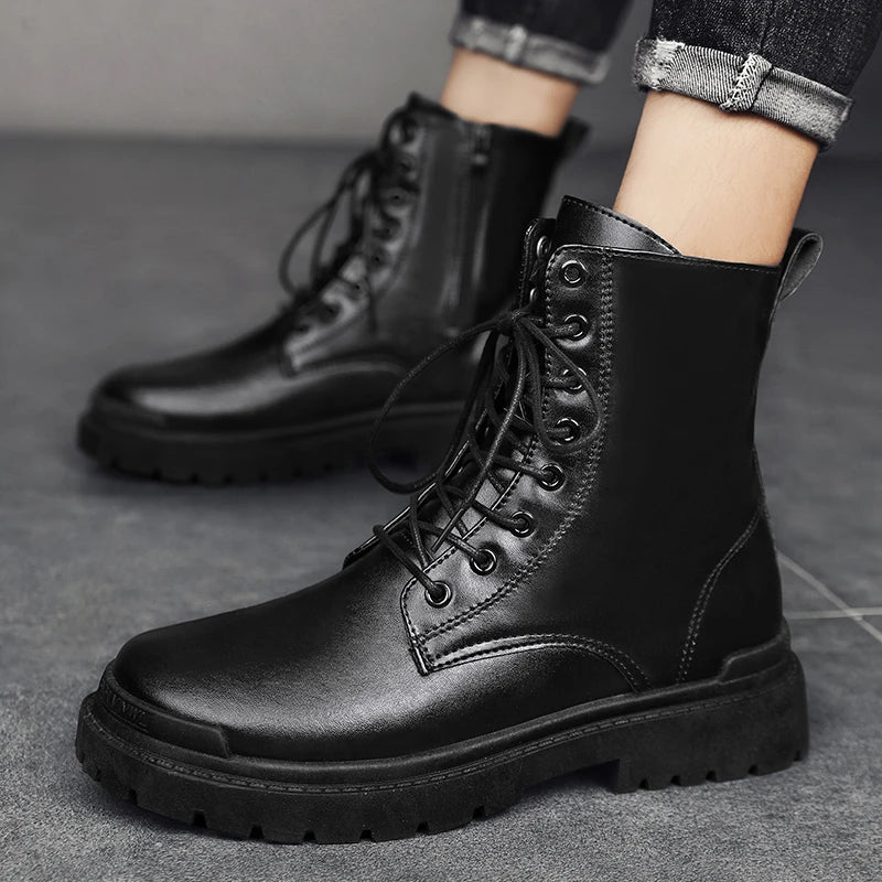 Trend Men Boots Black Sneakers Outdoor Fashion High Top Wholesale Punk Shoes For Men Casual Leather Street Style Ankle Boots Men RISE DEFENSE SYSTEMS.AI PRODUCTS