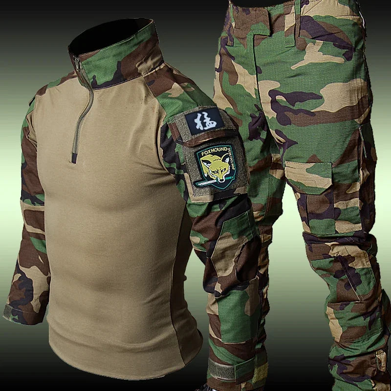 Combat Quick Drying Camo Set Mens Multi Pocket Tactical Tops+Wear-Resistant Cargo Pants Suit Field Shooting Training Uniform RISE DEFENSE SYSTEMS.AI PRODUCTS