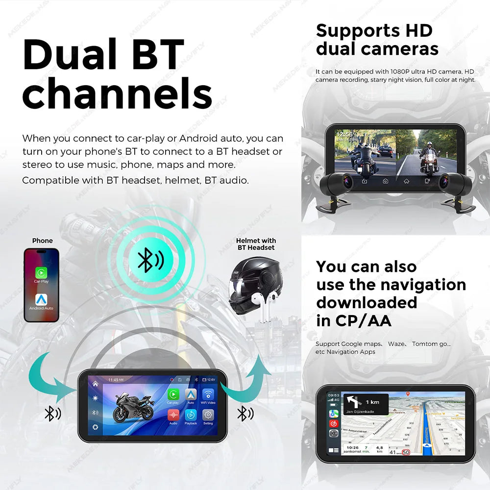 Portable 6.25 inch IP67 Waterproof Motorcycle GPS Navigation Wireless Carplay Android Auto DVR Drive Recorder Moto Monitor WIFI RISE DEFENSE SYSTEMS.AI PRODUCTS