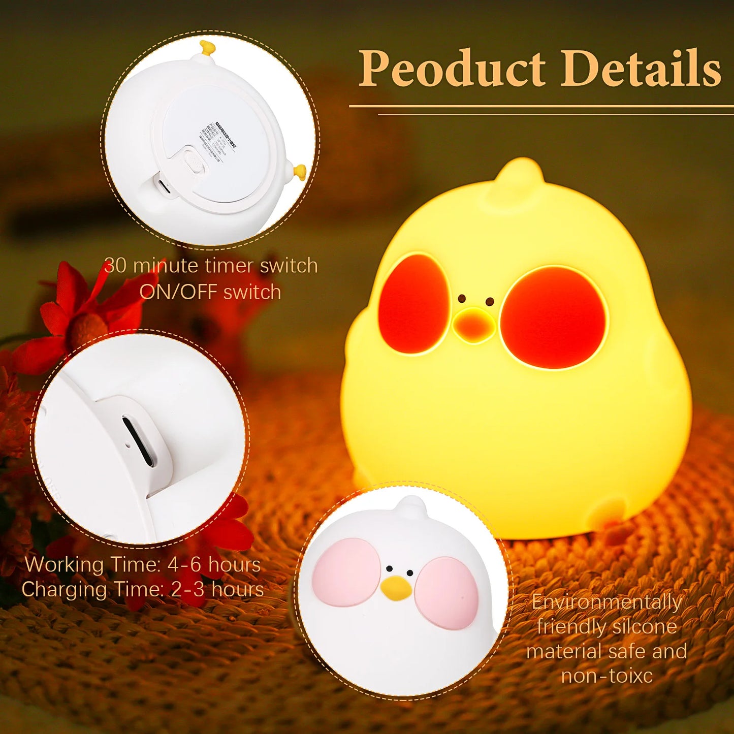 RGB Changing Nightlight Cute Chicken Night Light Silicone Chick Bedside Nursery Lamp Dimmable Rechargeable Tap Control for Baby RISE DEFENSE SYSTEMS.AI PRODUCTS