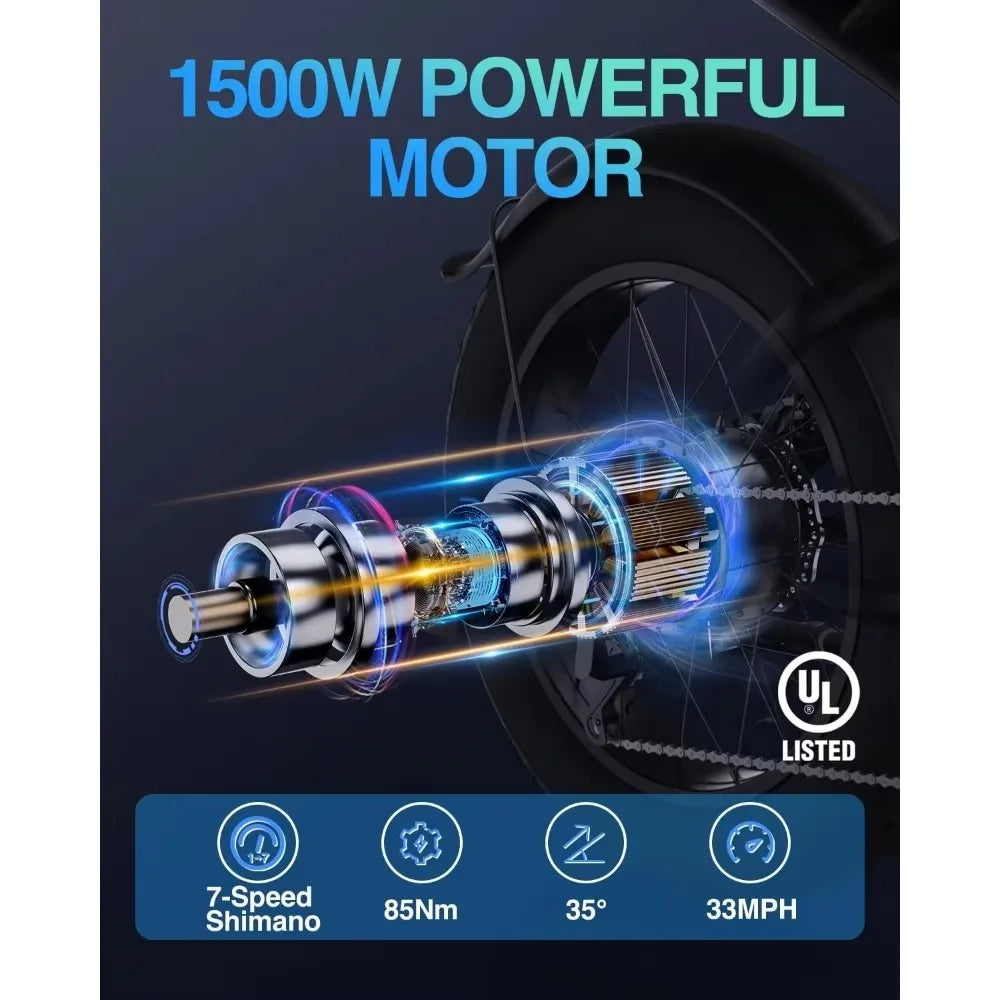 Electric Bike for Adults,1500W 30MPH,Max 75Miles Electric Motorcycle 20" Fat Tire Dirt Bike, 7-Speed E-Bike Dual Shock Absorber RISE DEFENSE SYSTEMS.AI PRODUCTS