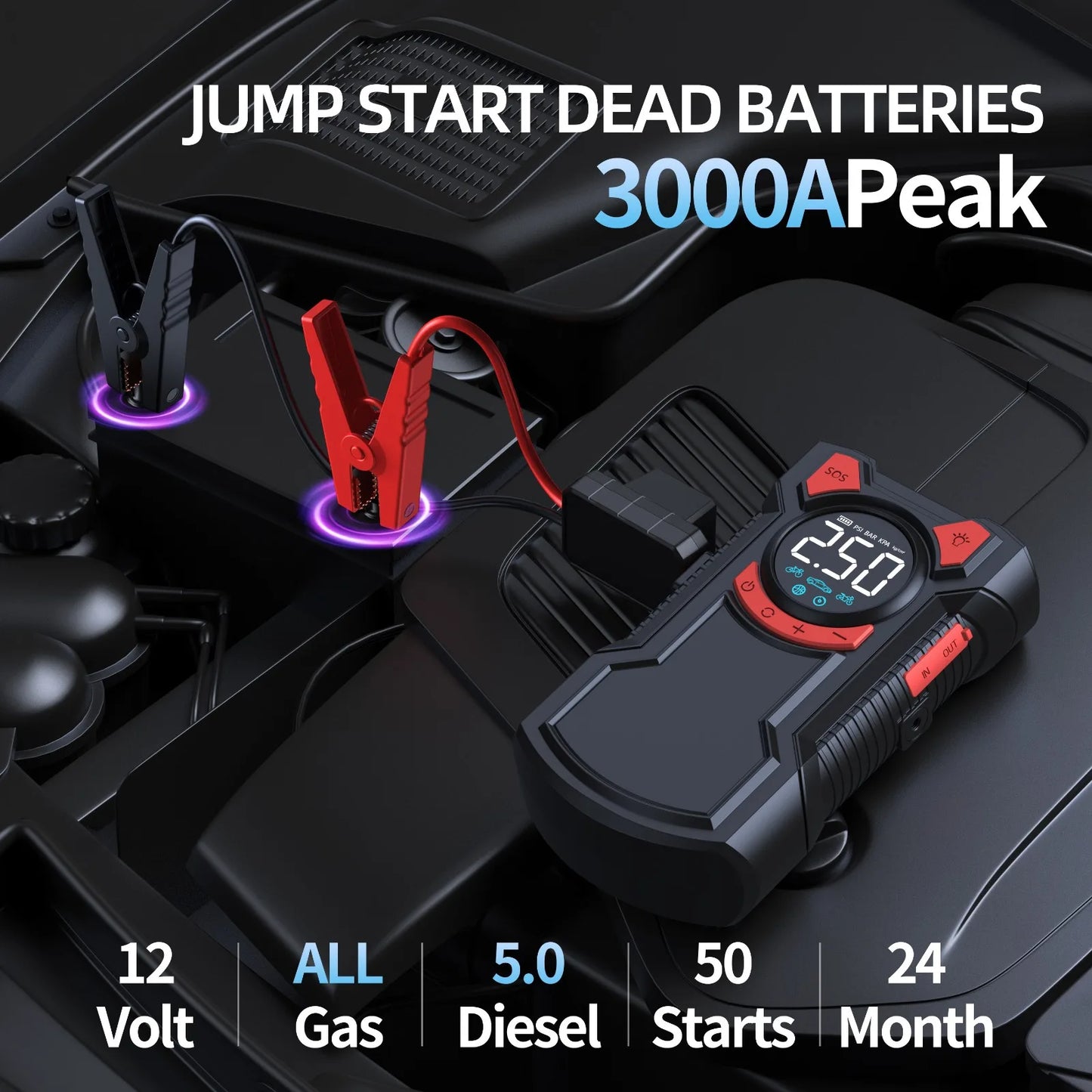 5-in-1 Jump Starter with Air Pump 3000A Peak Starter Box 150PSI Battery Pack with Digital Tire Inflator Car Battery Jump Starter RISE DEFENSE SYSTEMS.AI PRODUCTS