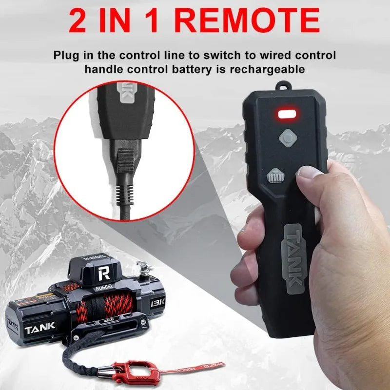 New Waterproof Electric Synthetic Rope Winch 12V with Hawse Fairlead,2 in 1 infrared remote control, wired control RISE DEFENSE SYSTEMS.AI PRODUCTS