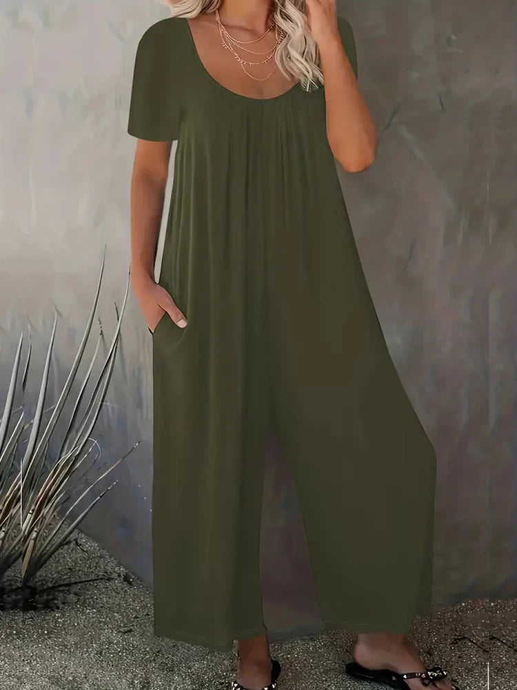 Summer Chic Solid Color Casual Jumpsuit Crew Neck Short Sleeve Wide Leg Long Pant with Pockets Versatile Outfit Women's Clothing RISE DEFENSE SYSTEMS.AI PRODUCTS