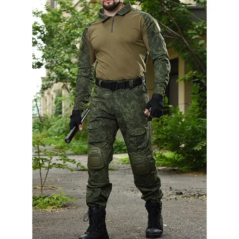 RU Camo Tactical Sets Men Outdoor Breathable Long Sleeve T Shirts+Multi-pocket Straight Cargo Pant 2Pcs Suit Training Combat Set RISE DEFENSE SYSTEMS.AI PRODUCTS
