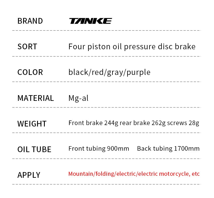 TANKE MTB 4 Piston Hydraulic Disc Brake 900/1700mm 4 Piston Resin Brake Pads Oil Pressure AM DH Road MTB Ultralight Disc Brake RISE DEFENSE SYSTEMS.AI PRODUCTS