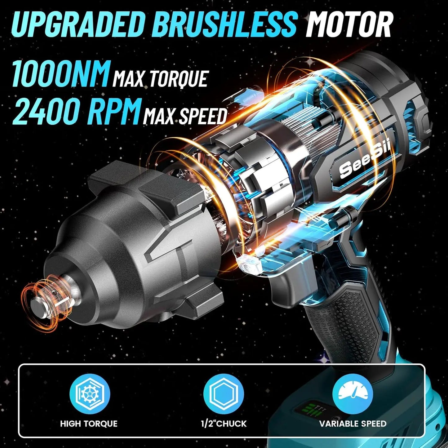 Seesii WH760 1000Nm Cordless Impact Wrench High Torque 1/2" Brushless Impact Gun 2*4.0AH Battery Electric Wrench for Car Truck RISE DEFENSE SYSTEMS.AI PRODUCTS