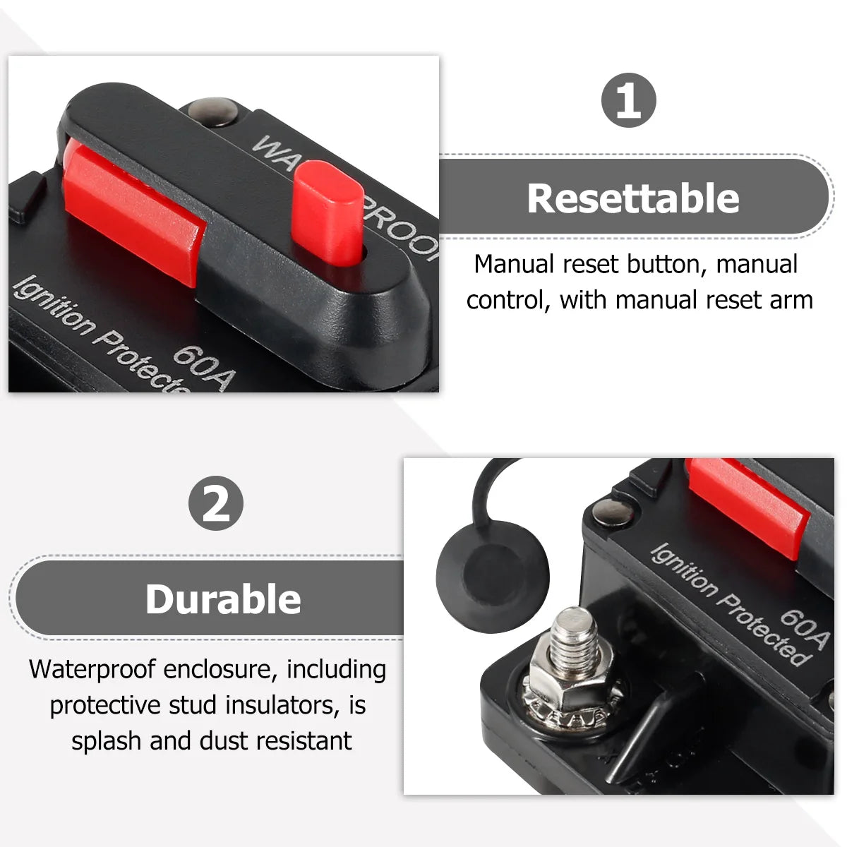 60Amp Circuit Breaker Waterproof Car Circuit Breaker DC12-48V Auto Fuse Reset Switch for Car Audio Amplifier Truck Boats RV RISE DEFENSE SYSTEMS.AI PRODUCTS
