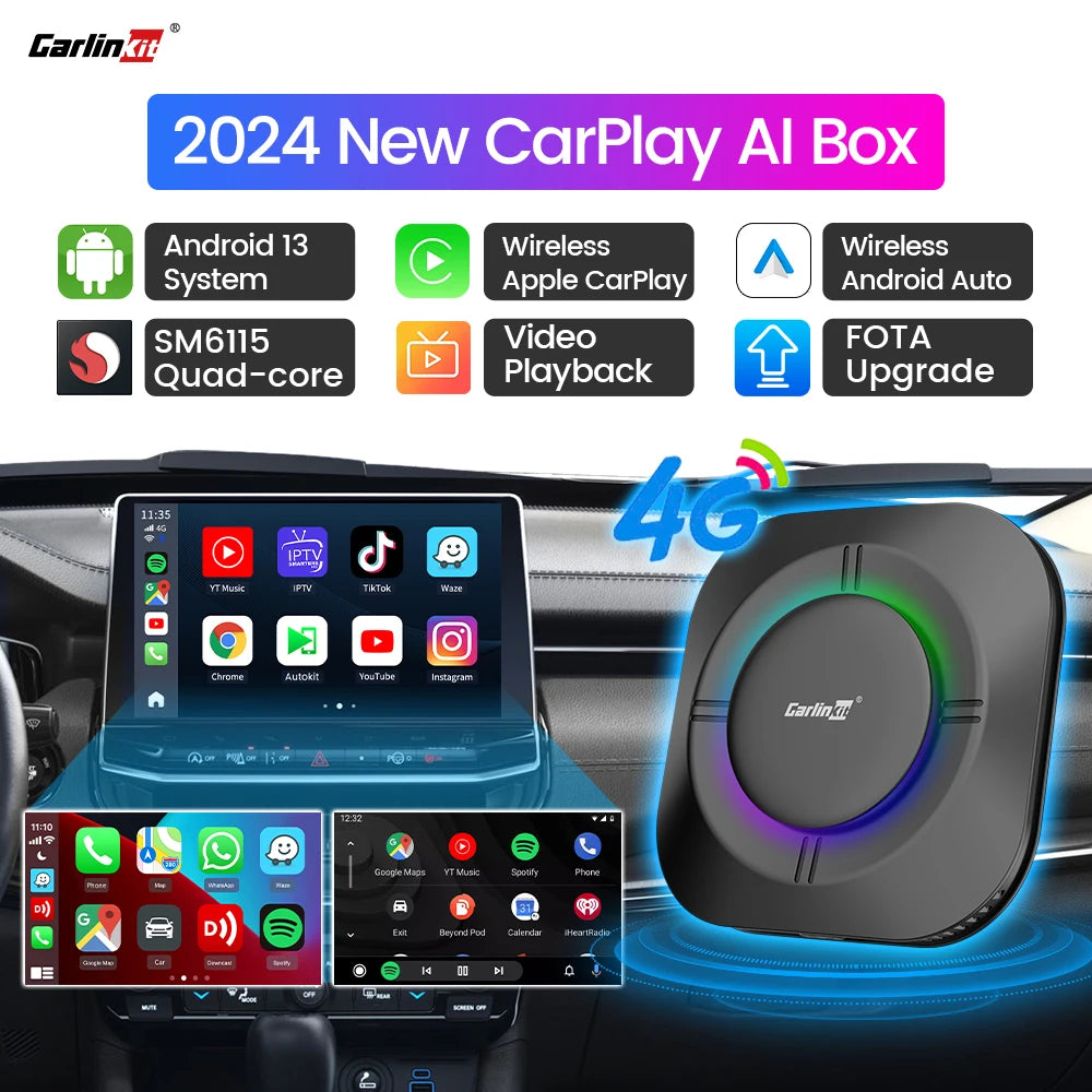 2024 NEW CarPlay AI Box LED Android 13 SM6115 8-Core CPU 5G WiFi BT GPS For Netflix Wireless Android Auto CarPlay Smart TV Box RISE DEFENSE SYSTEMS.AI PRODUCTS