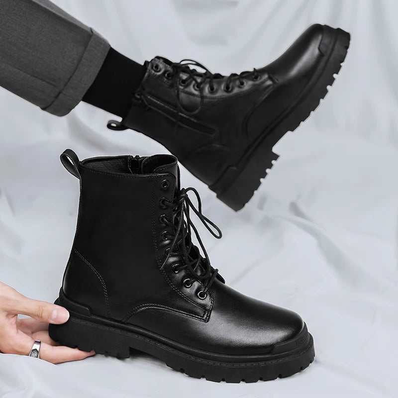 Trend Men Boots Black Sneakers Outdoor Fashion High Top Wholesale Punk Shoes For Men Casual Leather Street Style Ankle Boots Men RISE DEFENSE SYSTEMS.AI PRODUCTS
