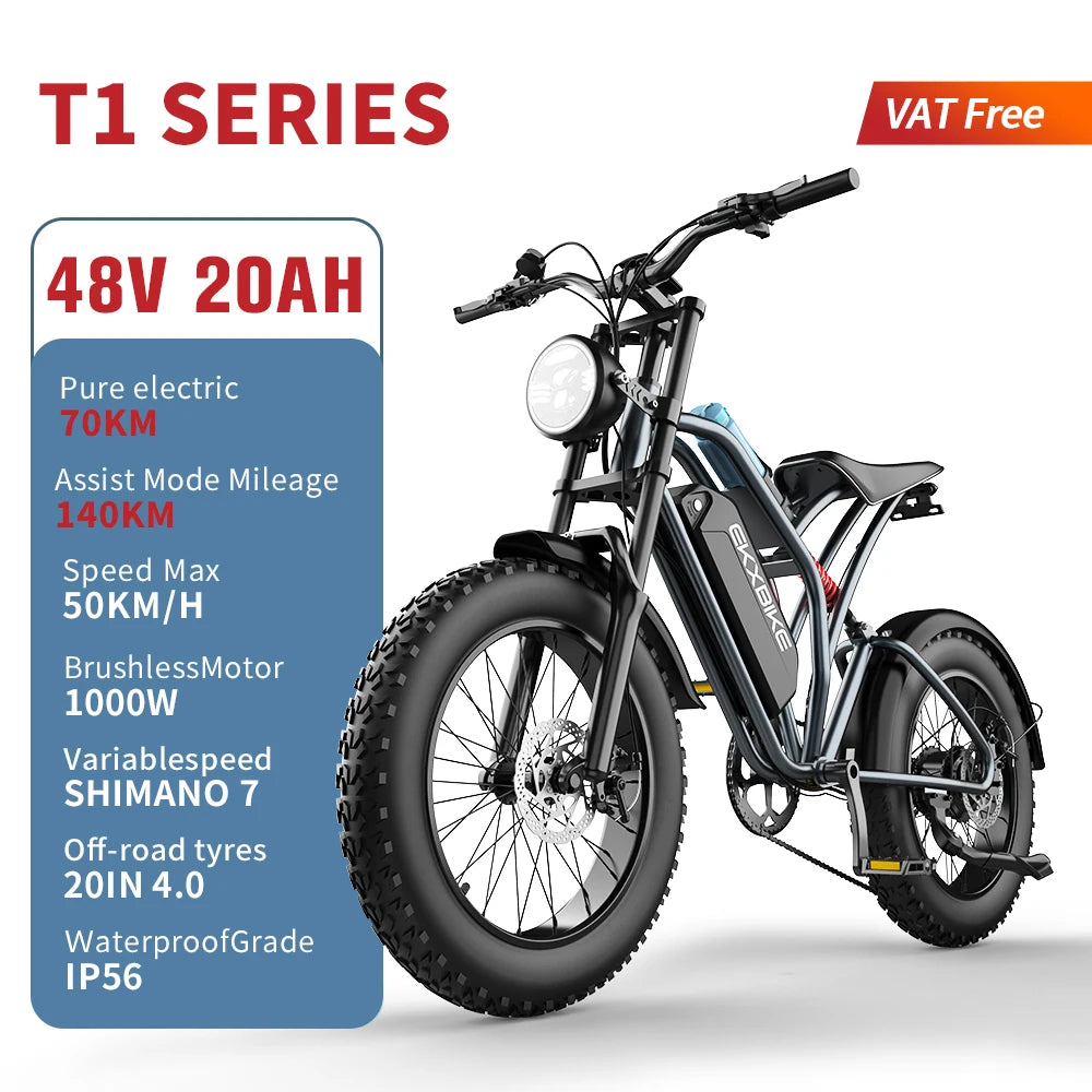 EKX T1 Electric Bicycle 20*4.0 Fat Tire 1000W Motor 48V20AH Lithium Battery Road Electric Bike Adults Waterproof Mountain EBike RISE DEFENSE SYSTEMS.AI PRODUCTS