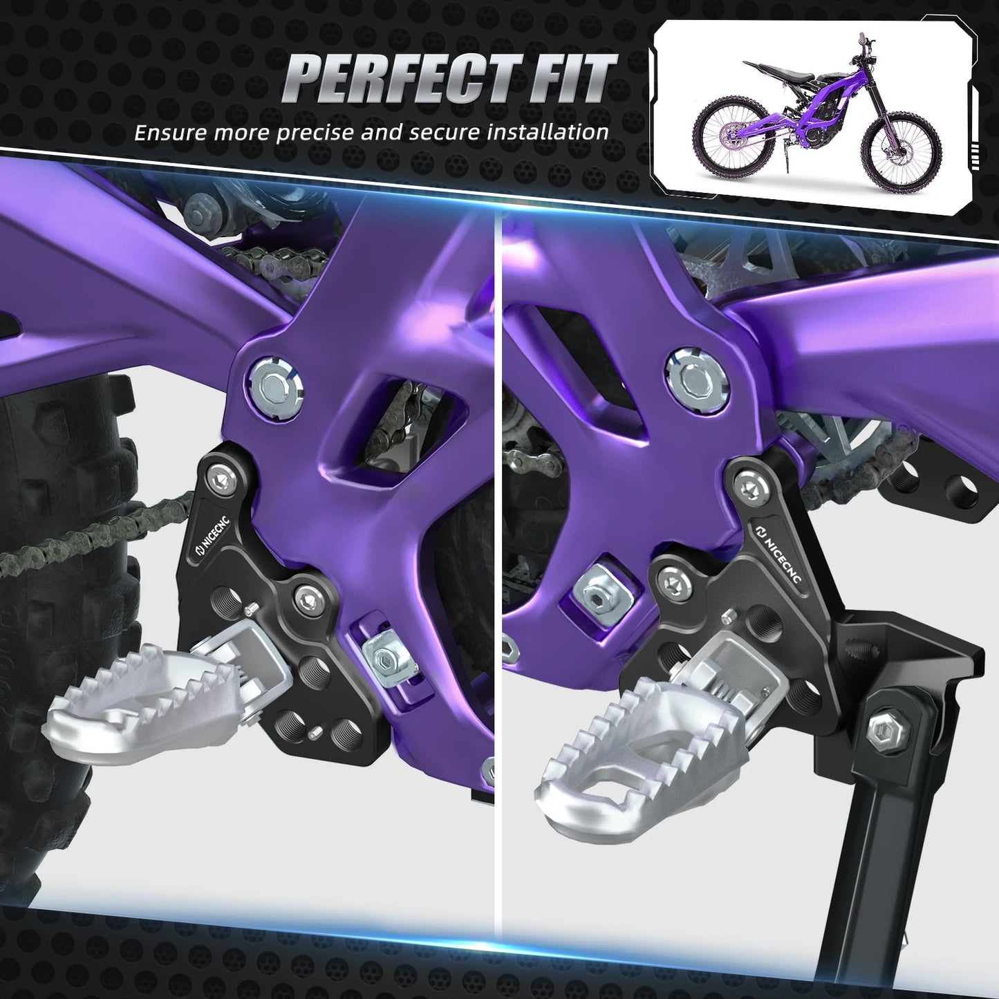 NICECNC Aluminum Foot Pegs Footrest Bracket Package For SUR-RON Surron light bee X S L1E Segway X160 X260 Electric Dirt Bike RISE DEFENSE SYSTEMS.AI PRODUCTS