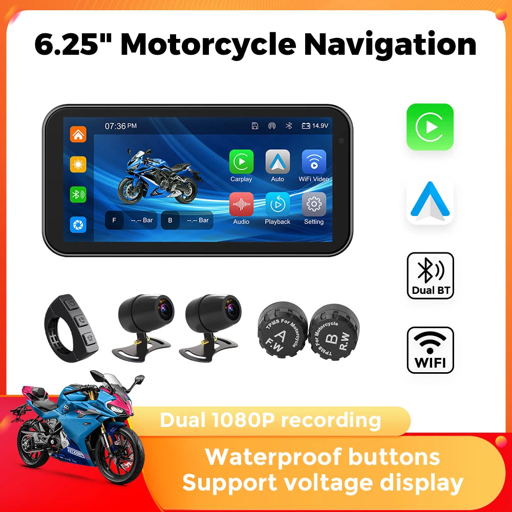 Portable 6.25 inch IP67 Waterproof Motorcycle GPS Navigation Wireless Carplay Android Auto DVR Drive Recorder Moto Monitor WIFI RISE DEFENSE SYSTEMS.AI PRODUCTS