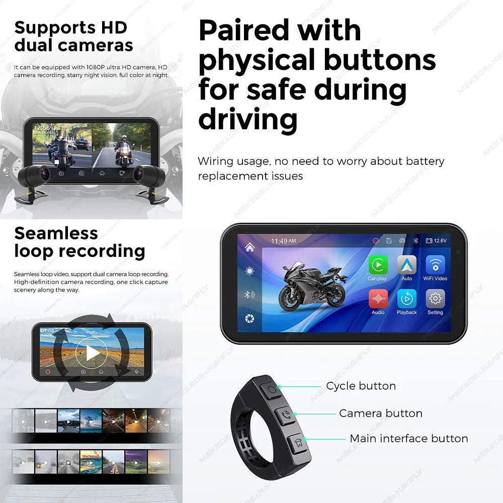 Portable 6.25 inch IP67 Waterproof Motorcycle GPS Navigation Wireless Carplay Android Auto DVR Drive Recorder Moto Monitor WIFI RISE DEFENSE SYSTEMS.AI PRODUCTS