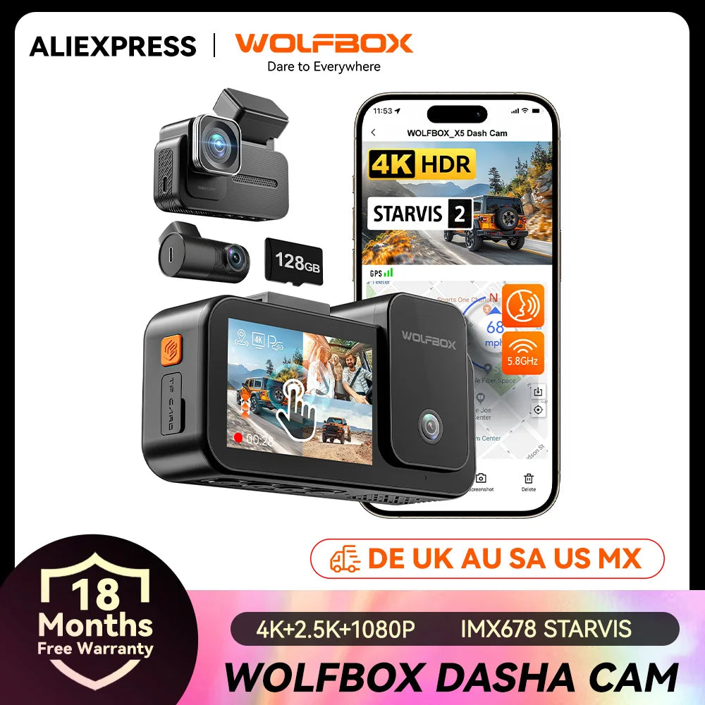 WOLFBOX X5 3 Channel 4K Dash Cam STARVIS 2 IMX678 4K+2.5K Front and Rear Inside Triple Car Camera 5.8GHz WiFi Mirror Car DVR RISE DEFENSE SYSTEMS.AI PRODUCTS