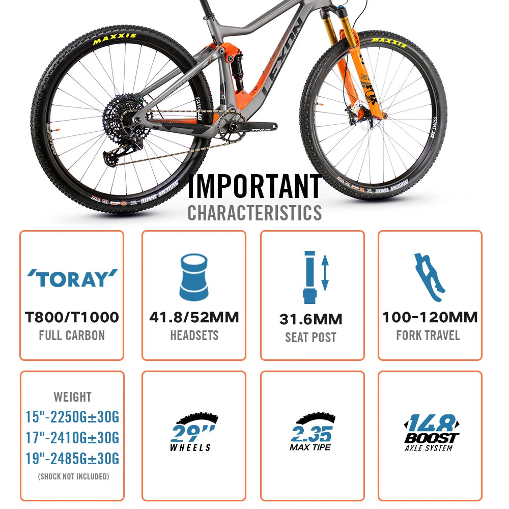 2024 LEXON Bicycle Frame XC TRIAL Cross country Carbon Mountain Bike Full Suspension 29er Boost frameset ROCKSHOX DNM Parts RISE DEFENSE SYSTEMS.AI PRODUCTS