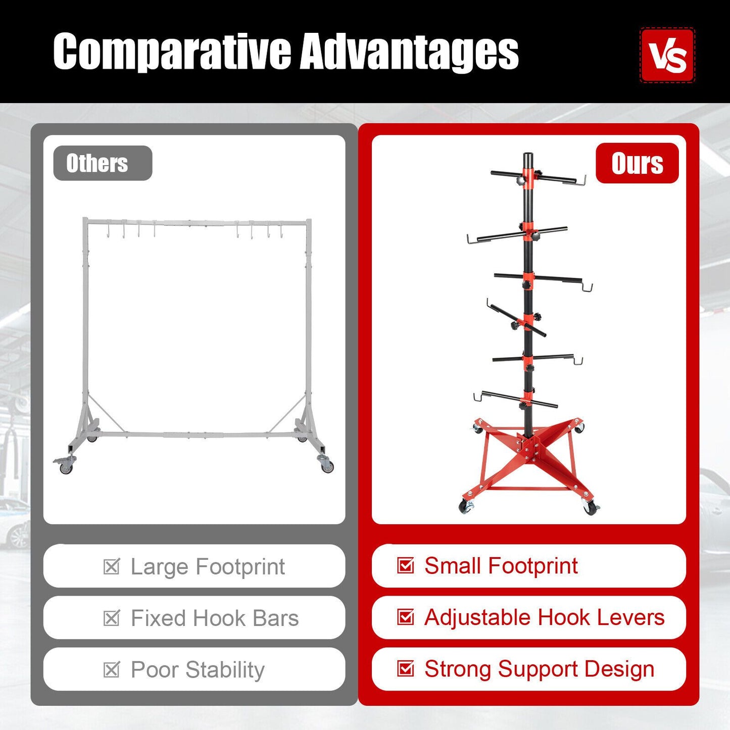 Adjustable Auto Body Door Hood Fender Panel Holder - Sturdy Iron Tree Post Stand, 220.5 lbs Capacity, with Red & Black Adjustable Knobs and Hooks for Precise Painting in Professional Workshops RISE DEFENSE SYSTEMS.AI PRODUCTS