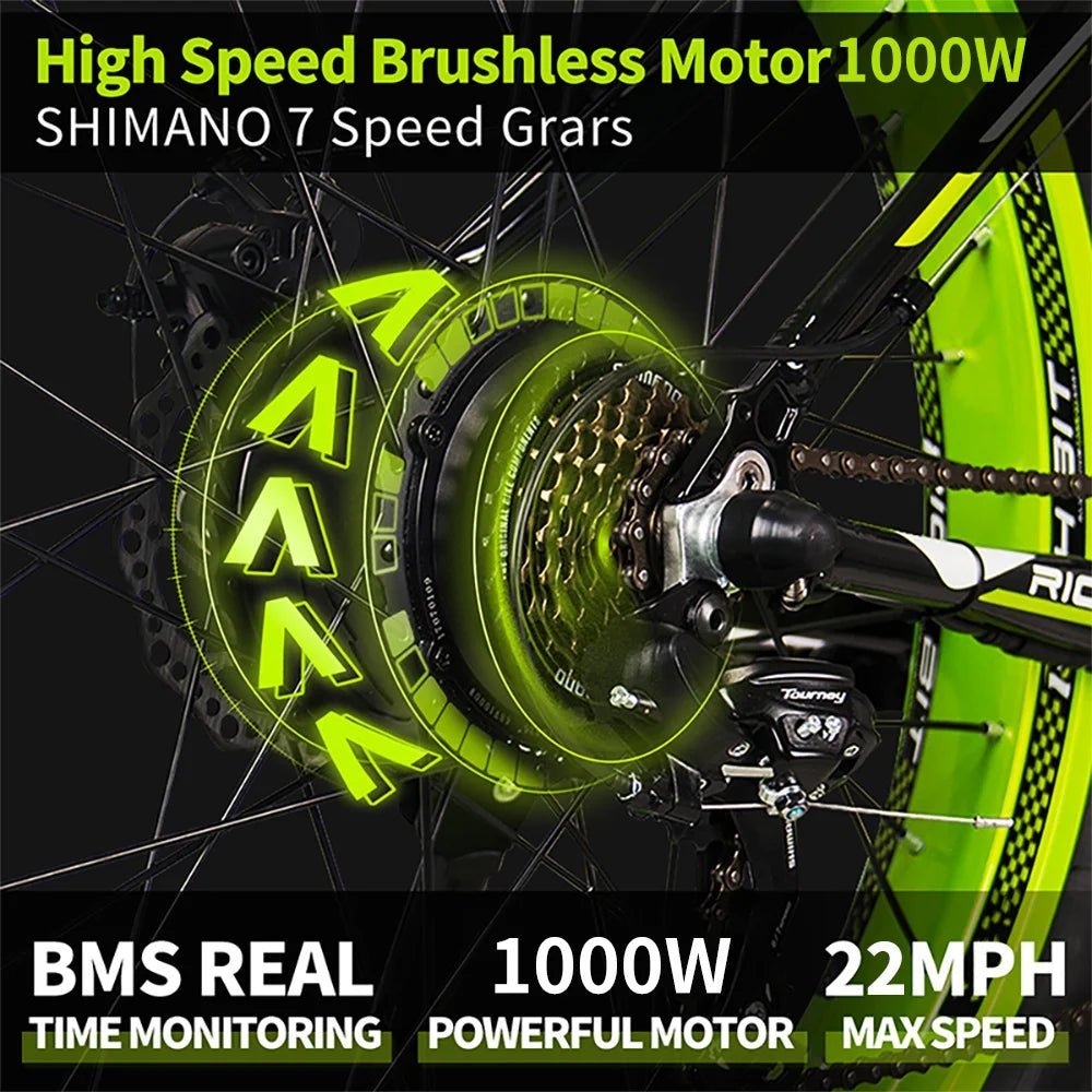 Mountain Ebike Bicycle For Adults 48V 1000W Powerful Electric Bike 28 - 30Miles Range 26'' Fat Tire Snow Electric Bicycle Bike - RISE DEFENSE SYSTEMS.AI PRODUCTS
