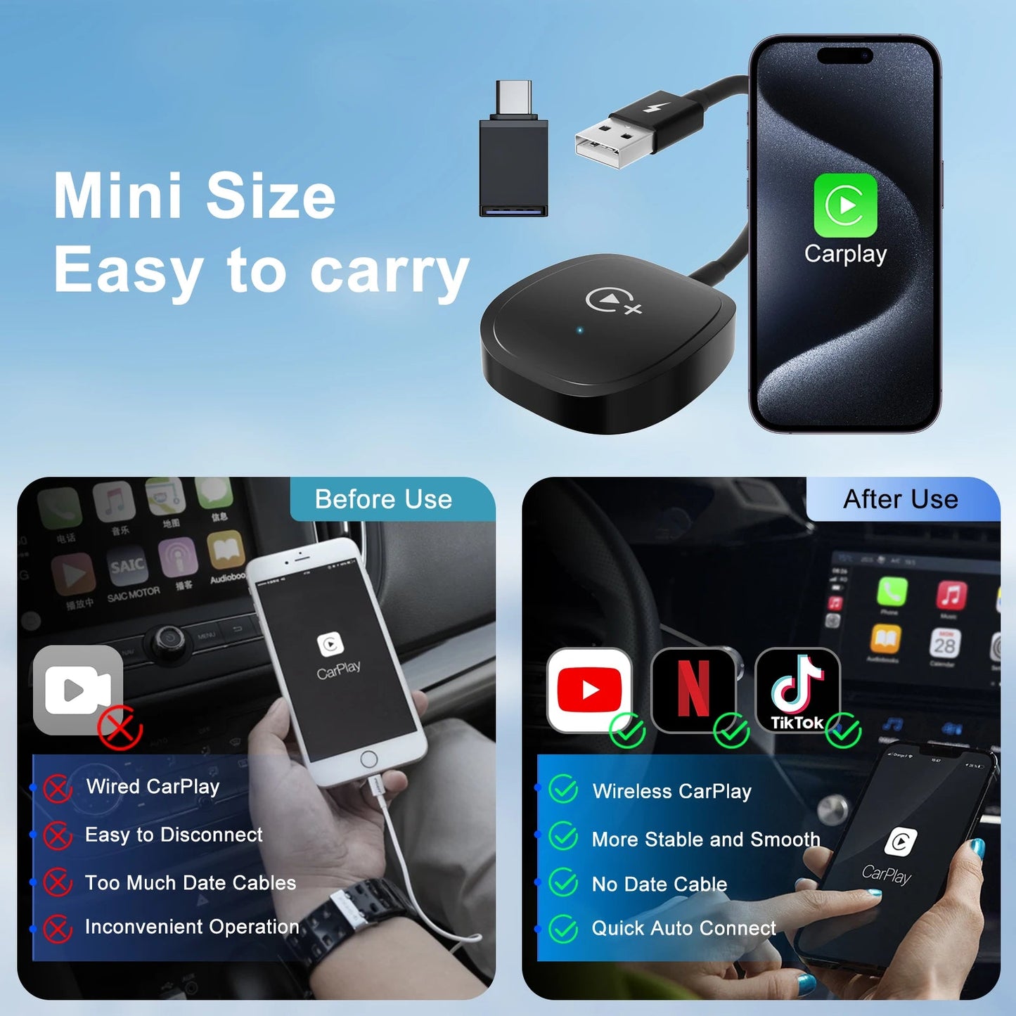 Wireless Video Carplay Adapter with Netflix/YouTube/ TikTok for OEM Wireless CarPlay Cars - RISE DEFENSE SYSTEMS.AI PRODUCTS