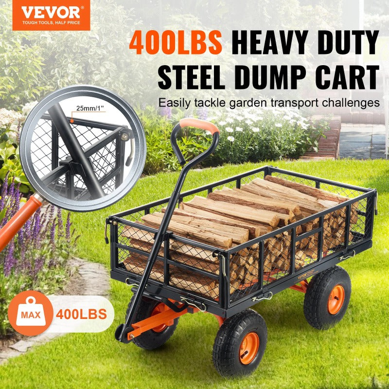 VEVOR Dump Cart Metal Garden Dump Cart with Easy to Assemble Frame Dump Wagon with 2-in-1 Convertible Handle Utility Wheelbarrow 400 lbs Capacity 10 inch Tires RISE DEFENSE SYSTEMS.AI PRODUCTS