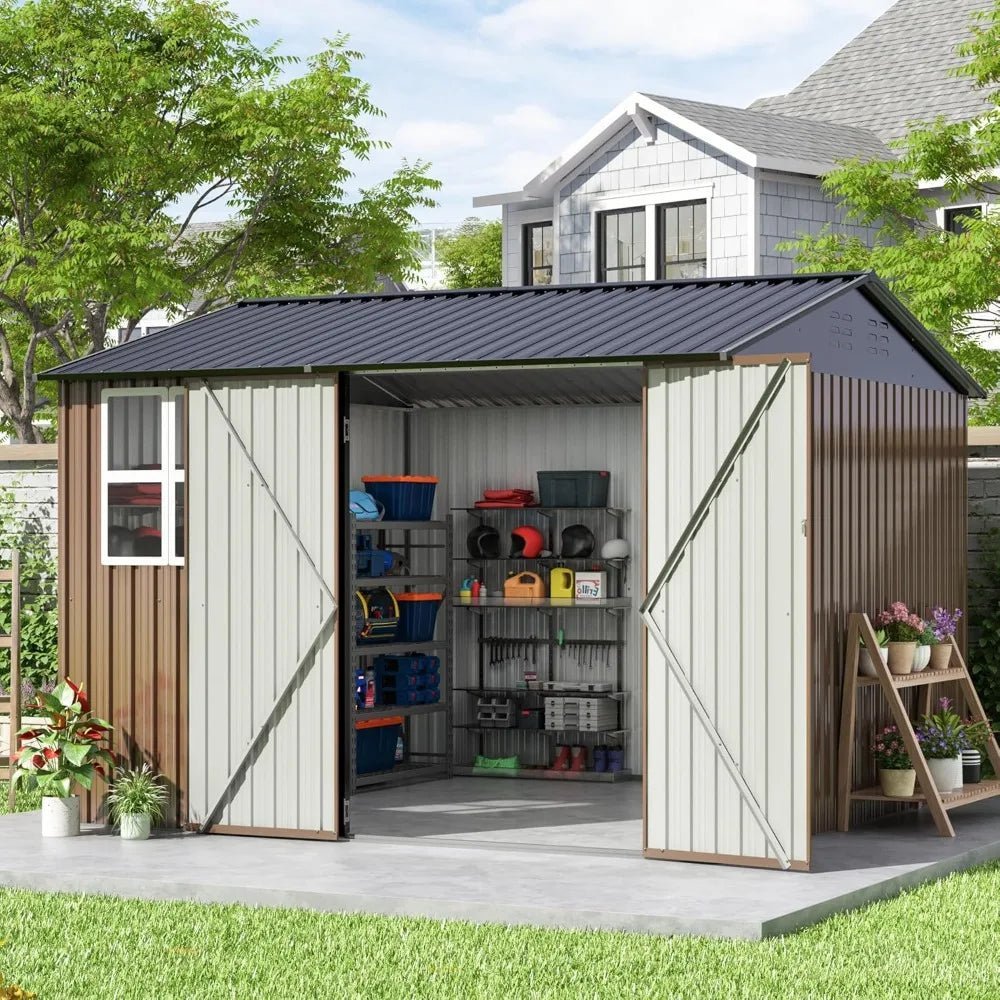10x10 feet outdoor storage shed, updated frame structure and lockable doors, backyard garden terrace lawn garden shed, brown - RISE DEFENSE SYSTEMS.AI PRODUCTS