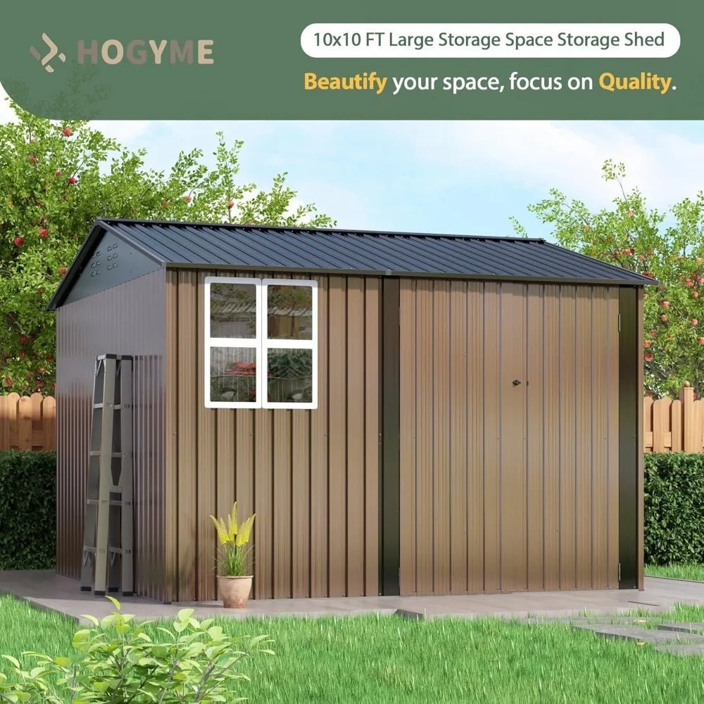10x10 feet outdoor storage shed, updated frame structure and lockable doors, backyard garden terrace lawn garden shed, brown - RISE DEFENSE SYSTEMS.AI PRODUCTS