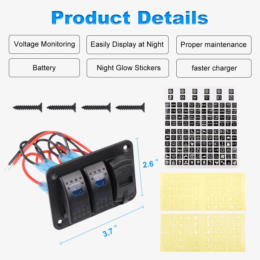 2 3 Gang Waterproof Marine Switch Panel 12V With 4.2A Dual USB Charger Socket LED Digital Voltmeter For Truck RV Boat - RISE DEFENSE SYSTEMS.AI PRODUCTS