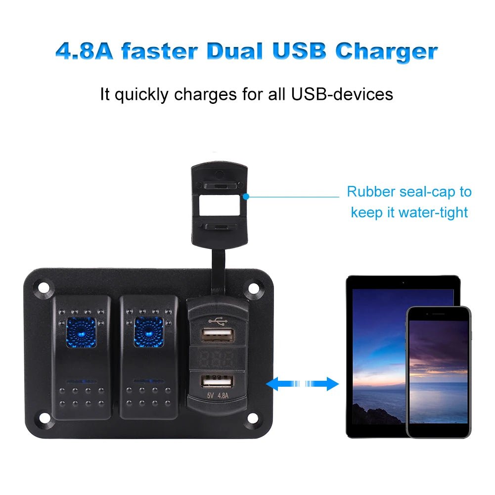 2 3 Gang Waterproof Marine Switch Panel 12V With 4.2A Dual USB Charger Socket LED Digital Voltmeter For Truck RV Boat - RISE DEFENSE SYSTEMS.AI PRODUCTS