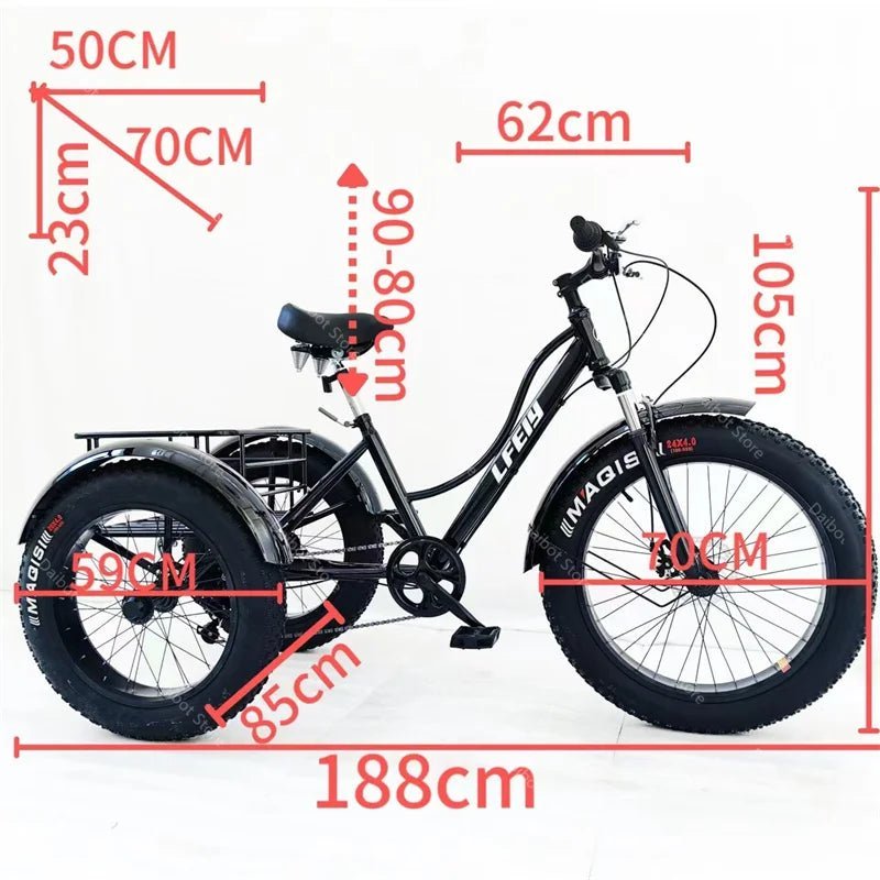 24 Inch Powerful Snow Fat Tire Electric Cargo Bike 750W 48V 7 Speed Three Wheel Electric Tricycles for Elderly with Cargo Basket - RISE DEFENSE SYSTEMS.AI PRODUCTS