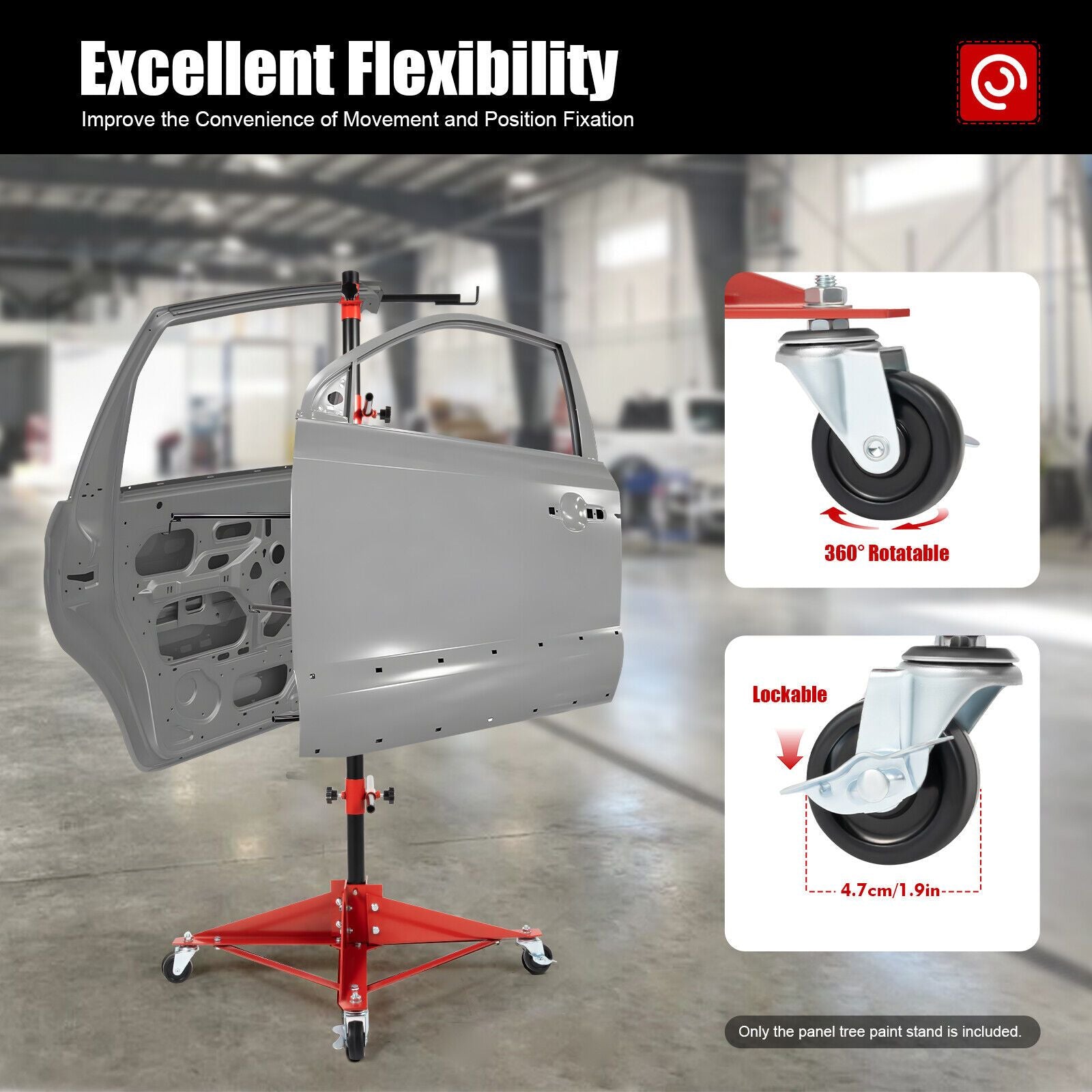Adjustable Auto Body Door Hood Fender Panel Holder - Sturdy Iron Tree Post Stand, 220.5 lbs Capacity, with Red & Black Adjustable Knobs and Hooks for Precise Painting in Professional Workshops RISE DEFENSE SYSTEMS.AI PRODUCTS