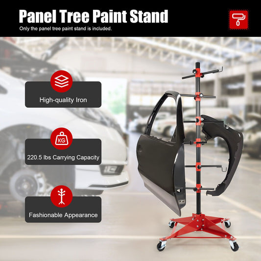 Adjustable Auto Body Door Hood Fender Panel Holder - Sturdy Iron Tree Post Stand, 220.5 lbs Capacity, with Red & Black Adjustable Knobs and Hooks for Precise Painting in Professional Workshops RISE DEFENSE SYSTEMS.AI PRODUCTS