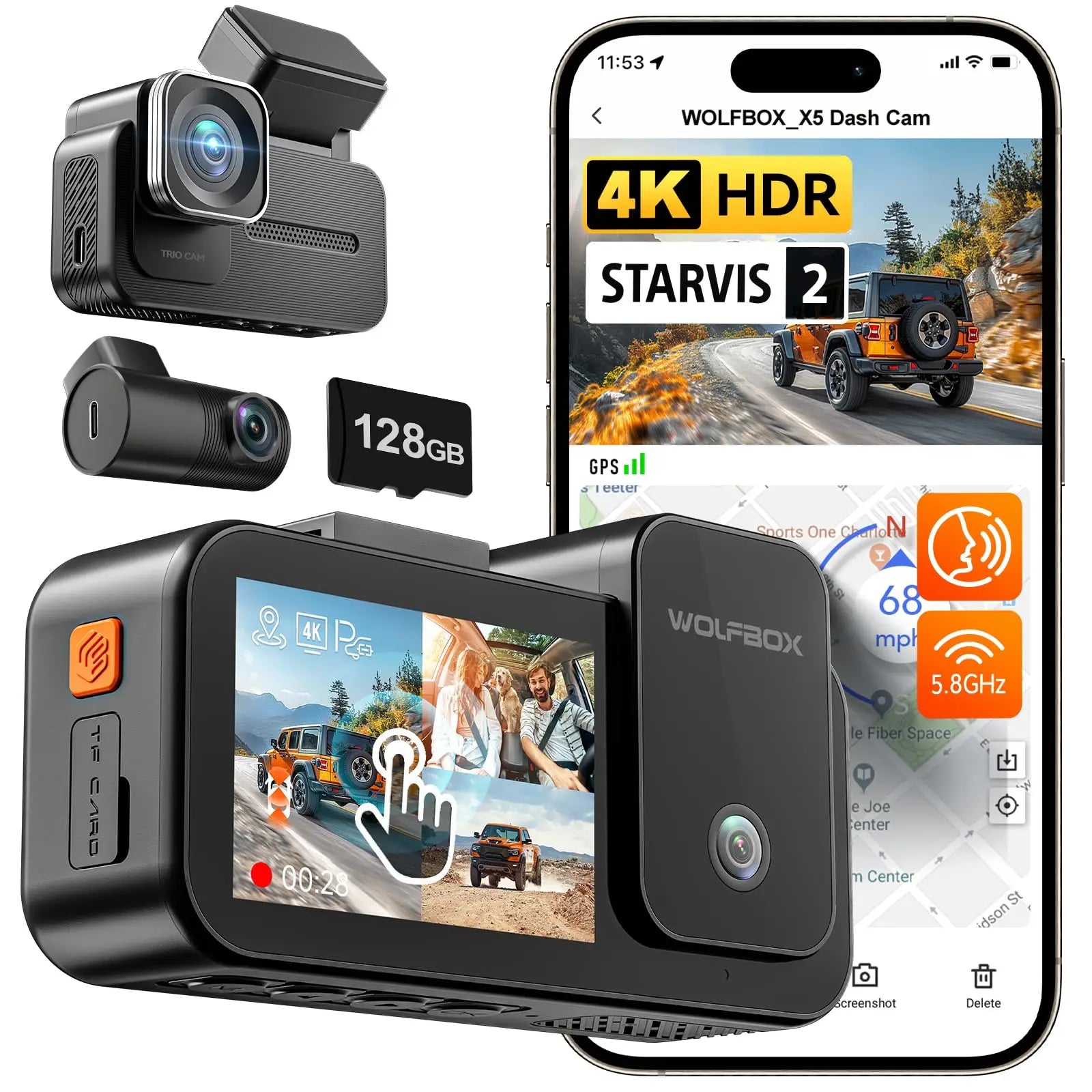 WOLFBOX X5 3 Channel 4K Dash Cam STARVIS 2 IMX678 4K+2.5K Front and Rear Inside Triple Car Camera 5.8GHz WiFi Mirror Car DVR RISE DEFENSE SYSTEMS.AI PRODUCTS