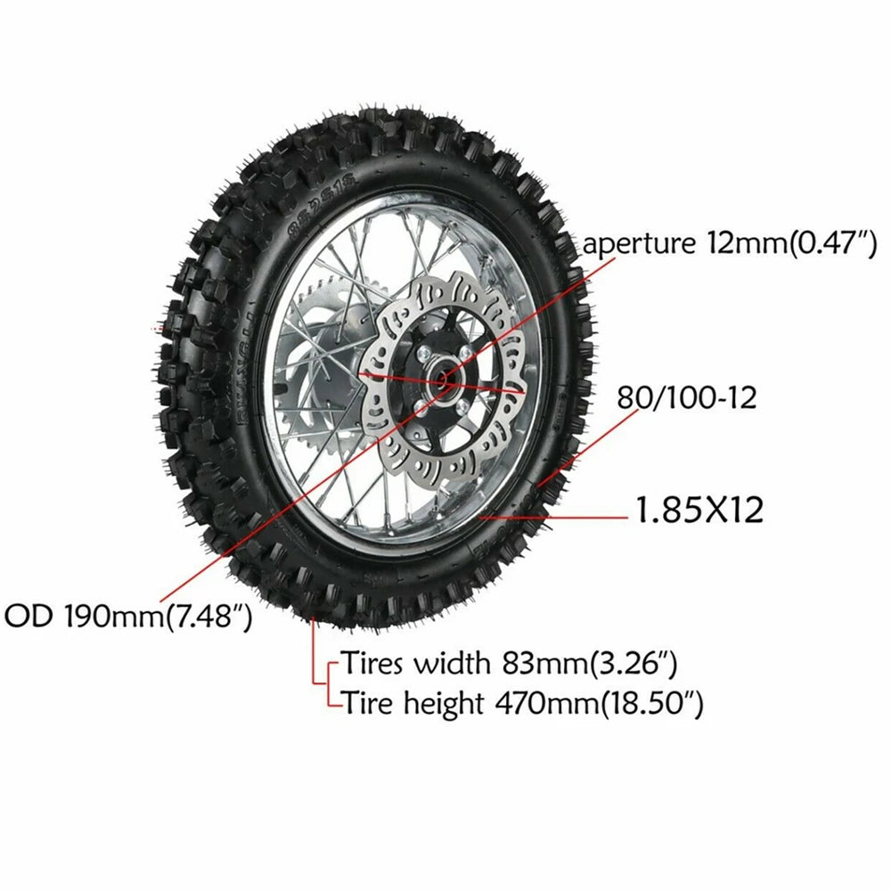 80/100-12 Rear Tire Wheel Rim Tube with Sprocket Brake Disc Rotor For Dirt Pit Bike 70/110/125/140CC RISE DEFENSE SYSTEMS.AI PRODUCTS