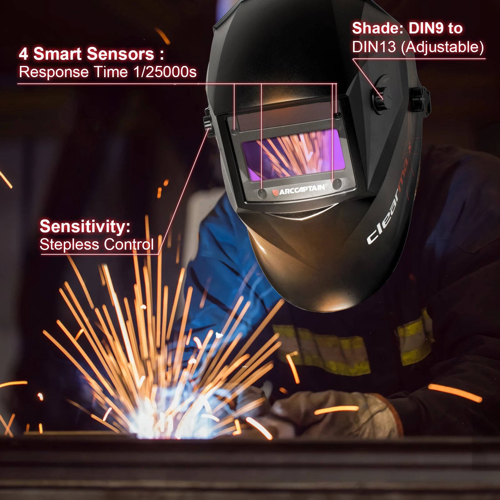 ARCCAPTAIN Welding Helmet Welder Mask Chameleon Large View True Color Solar Power Auto Darkening Welding For Arc Weld Grind Cut RISE DEFENSE SYSTEMS.AI PRODUCTS