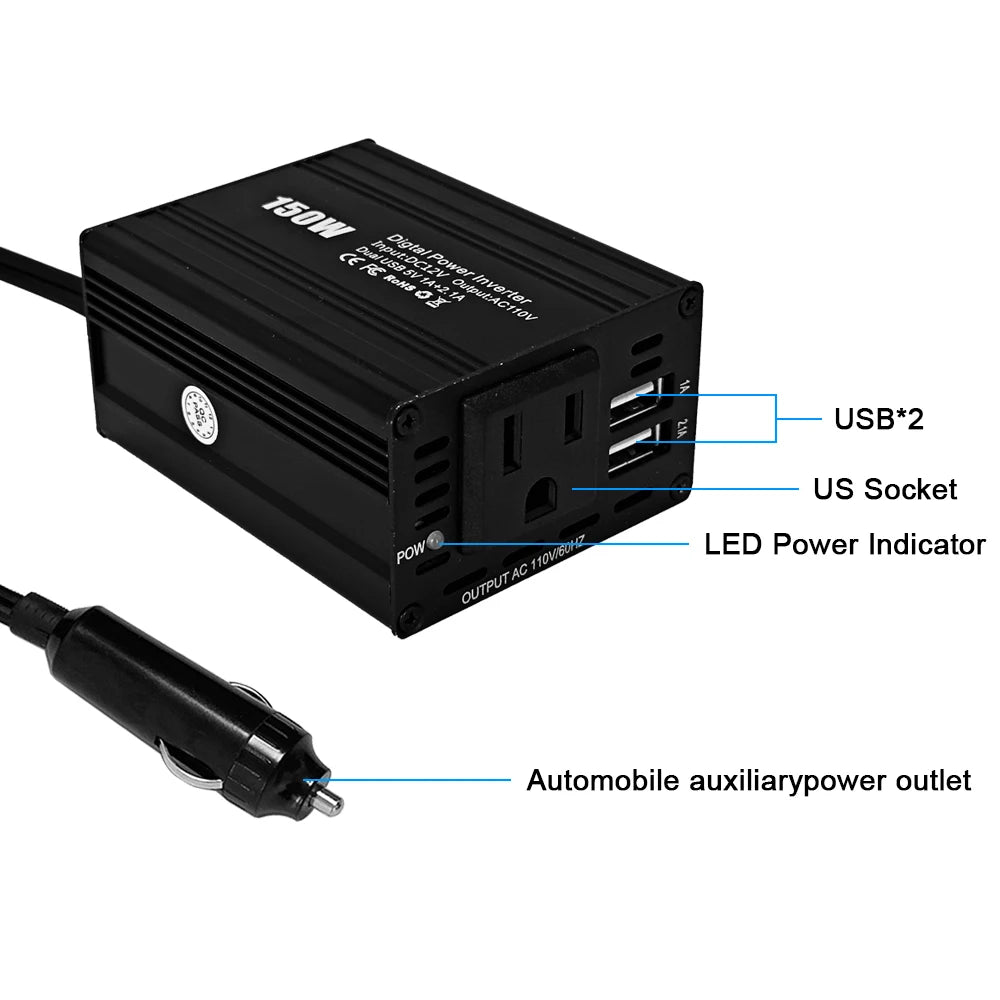 150W DC to AC Power Converter DC 12V to 110V AC Car Inverter Automatic Transformer With Dual USB US Socket Car Adapter Dropship RISE DEFENSE SYSTEMS.AI PRODUCTS