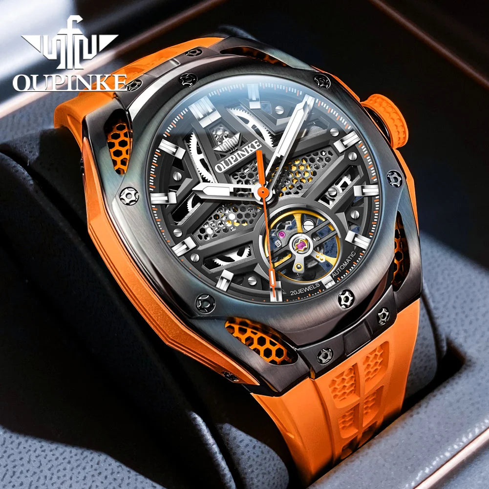 OUPINKE 9003 Hollow Automatic Mechanical Watch For Men Skeleton Flywheel Sport Men's Watches Silicone Strap Original Hand Clock RISE DEFENSE SYSTEMS.AI PRODUCTS