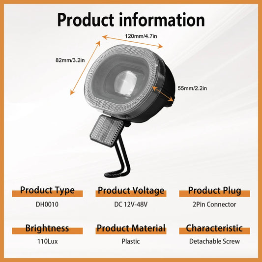E-Bike Headlights12V -48V DH010 Electric Bike Scooter LED With Horn Front Light High Brightness Night Safe Riding Accessories RISE DEFENSE SYSTEMS.AI PRODUCTS