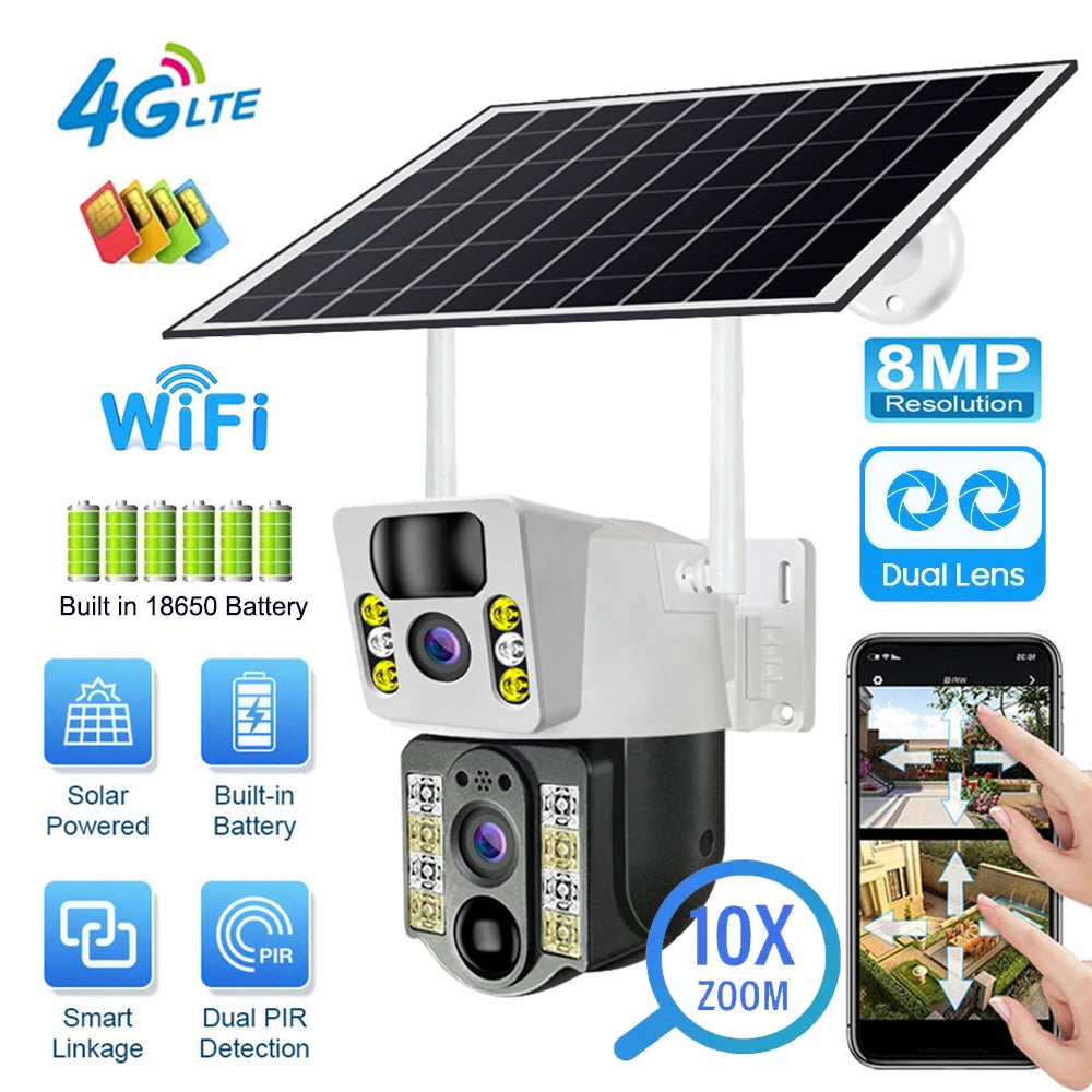 8MP 4K Wireless Solar Camera 4G Sim Outdoor Dual Lens Wifi IP Camera PIR Night Vision V380 Pro CCTV Security Protection Monitor RISE DEFENSE SYSTEMS.AI PRODUCTS