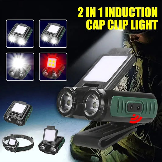 Sensor COB LED Headlamp Cap Clip Light USB Rechargeable Head Flashlight Built-in Battery Headlight Led Head for Fishing Camping RISE DEFENSE SYSTEMS.AI PRODUCTS