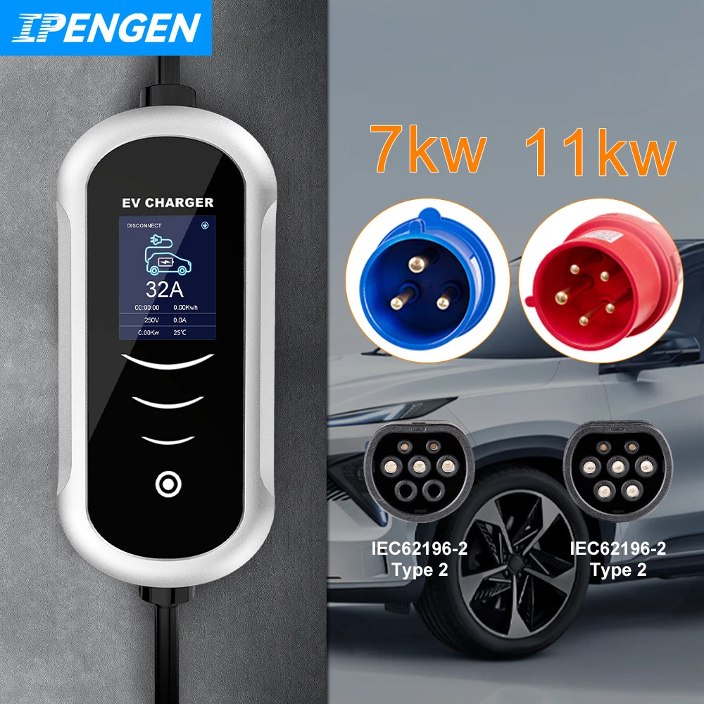 IPENGEN Type 2 Portable EV Charger 7KW 32A 11KW 16A Wallbox EVSE Fast Charging Cable CEE Plug for Electric Vehicle Cars RISE DEFENSE SYSTEMS.AI PRODUCTS
