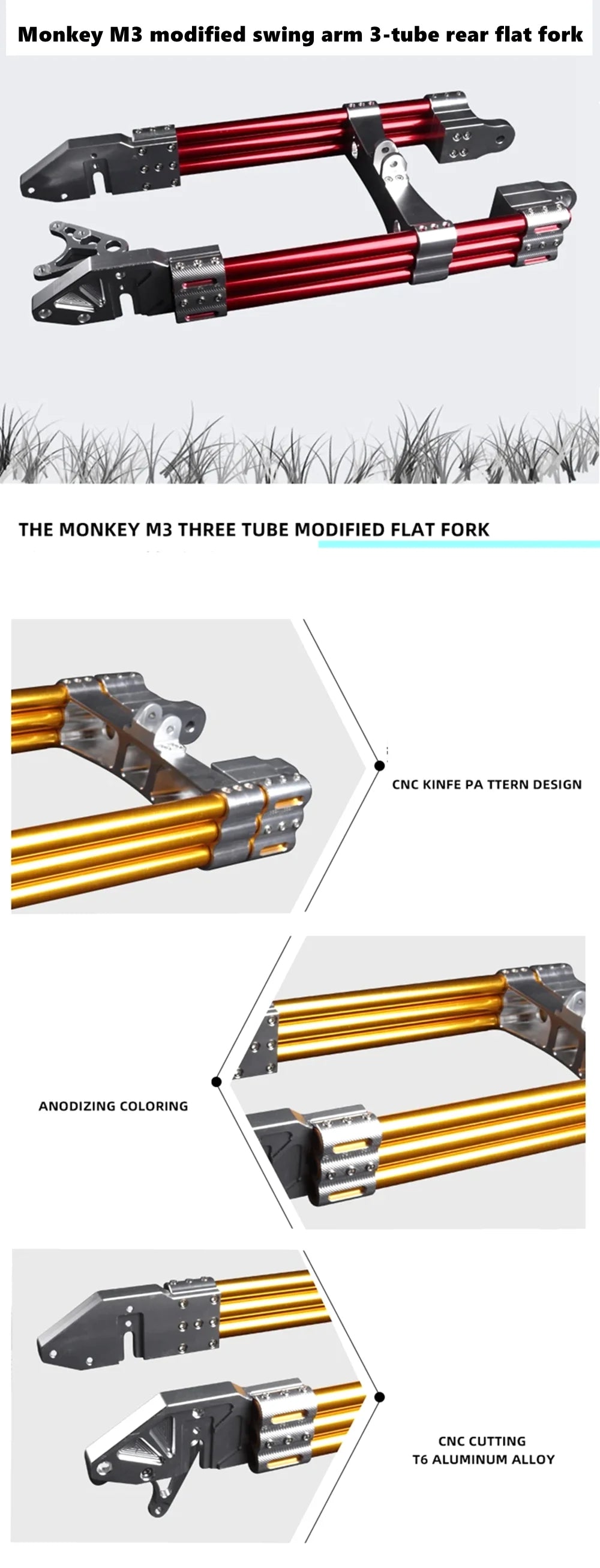 Electric Motorcycle Swing Arm New 3D CNC Adjustable 3-tube Water Pipe Rear Flat Fork Universal For M3 M5 M6 Little Monkey Modify RISE DEFENSE SYSTEMS.AI PRODUCTS