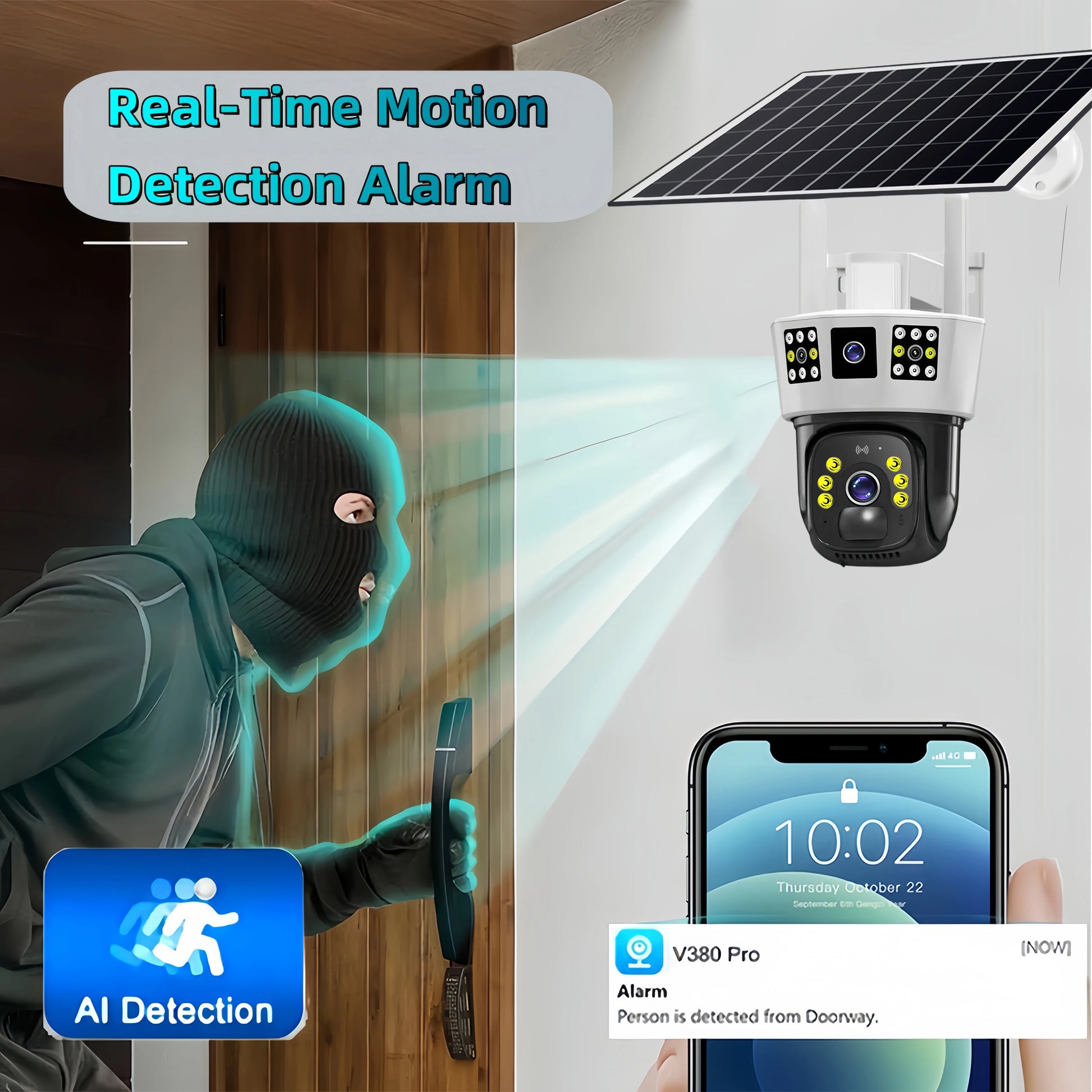 V380Pro Outdoor Solar Camera CCTV 4G SIM Card Surveillance with Night Vision PIR Human Detection Wifi 12MP 6K for Home Security RISE DEFENSE SYSTEMS.AI PRODUCTS