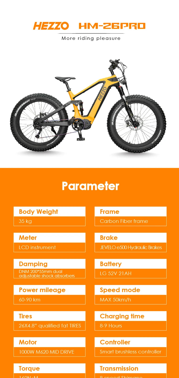 HEZZO 52V 1000W 21Ah Carbon Fiber Electric Bicycle BAFANG Middrive Ebike, 26x4.5 